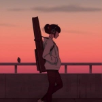女生夕阳下背着吉他漫画头像图片