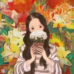 文艺捧盆花手绘女头图片