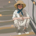 漫画风伤心孤独坐在楼梯女头